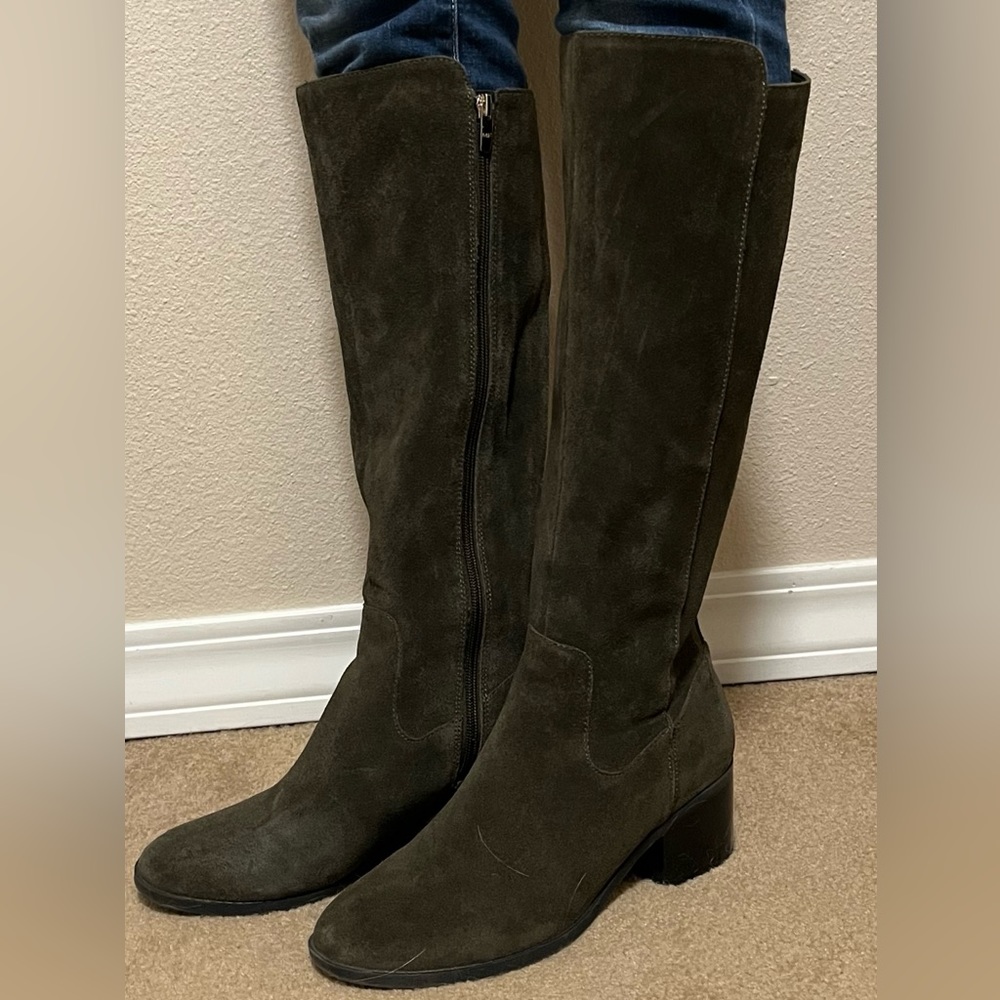 Marc Fisher Rela riding boots, block heel. Winter Olive Green Suede